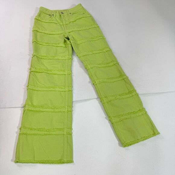 Ragged Lethal Jean Women 24 Green High-Rise Fringed  Wide-Leg Lime Neon festival - Picture 1 of 10
